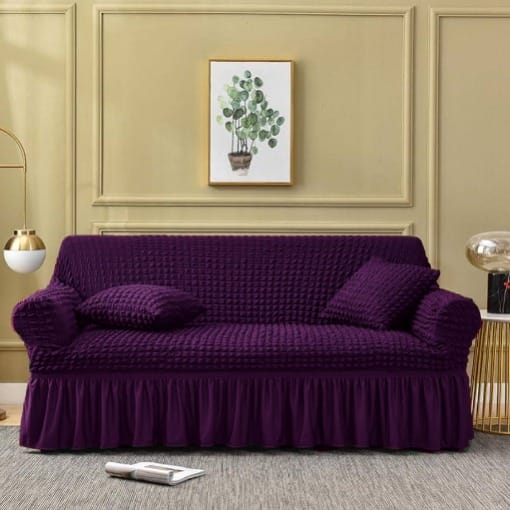 Ruffled Premium Bubble Sofa Cover Purple (Stretchable Stuff No Size issue)