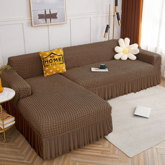 L Shape Ruffled Premium Bubble Sofa Cover Brown (Stretchable Stuff No Size issue)
