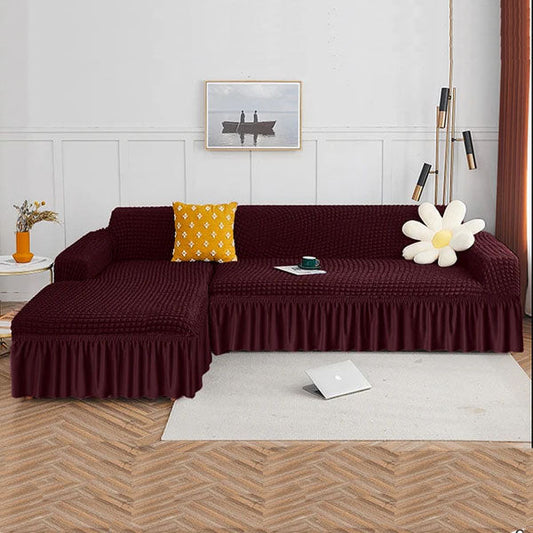 L Shape Ruffled Premium Bubble Sofa Cover Maroon (Stretchable Stuff No Size issue)