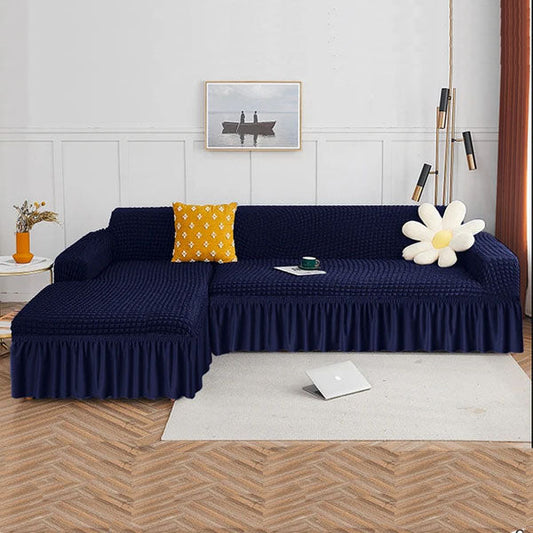 L Shape Ruffled Premium Bubble Sofa Cover Blue (Stretchable Stuff No Size issue)