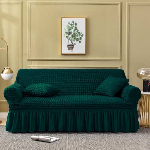 Ruffled Premium Bubble Sofa Cover Green (Stretchable Stuff No Size issue)