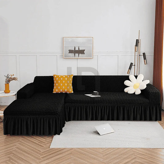 L Shape Ruffled Premium Bubble Sofa Cover Black (Stretchable Stuff No Size issue)